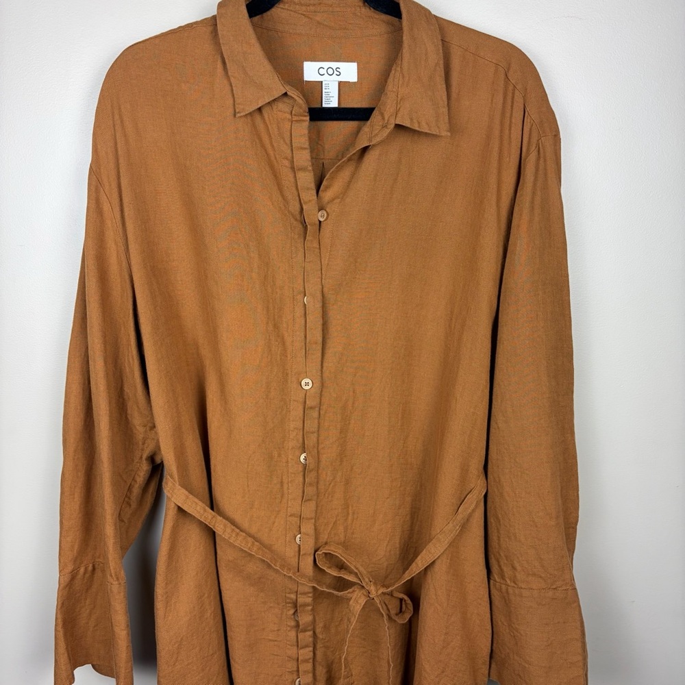 COS Linen 14 Button Down Long-Sleeve Classic Shirt Dress in Rust Preppy Summer - Picture 2 of 12